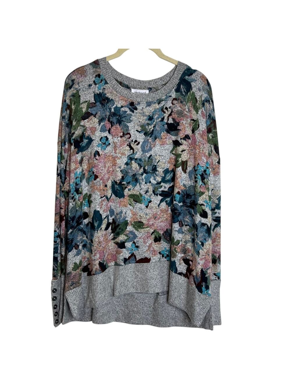 Westbound Woman Lightweight Sweater XL Gray Multicolor Floral Print Button Cuff